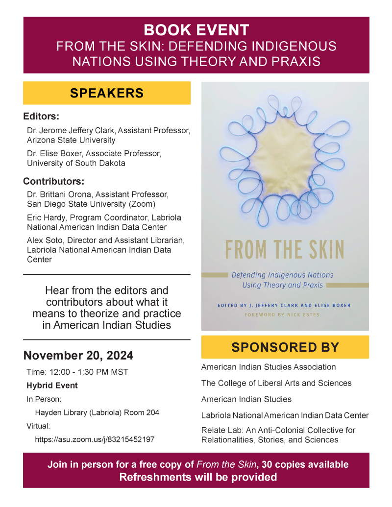 Flyer for the Nov. 20 book event titled, "From the Skin: Defending Indigenous Nations Using Theory and Praxis."