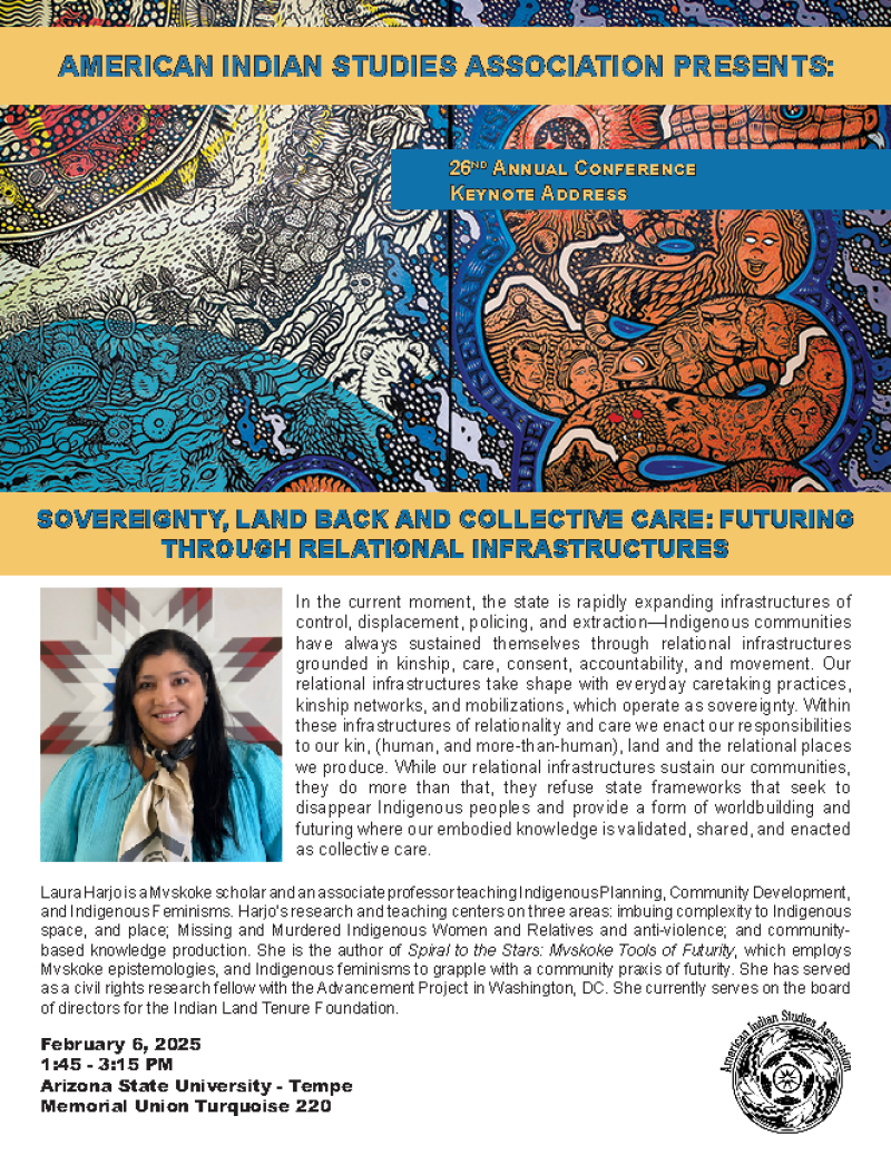 A flyer of the keynote address for 2025 AISA Conference featuring Mvskoke scholar Laura Harjo